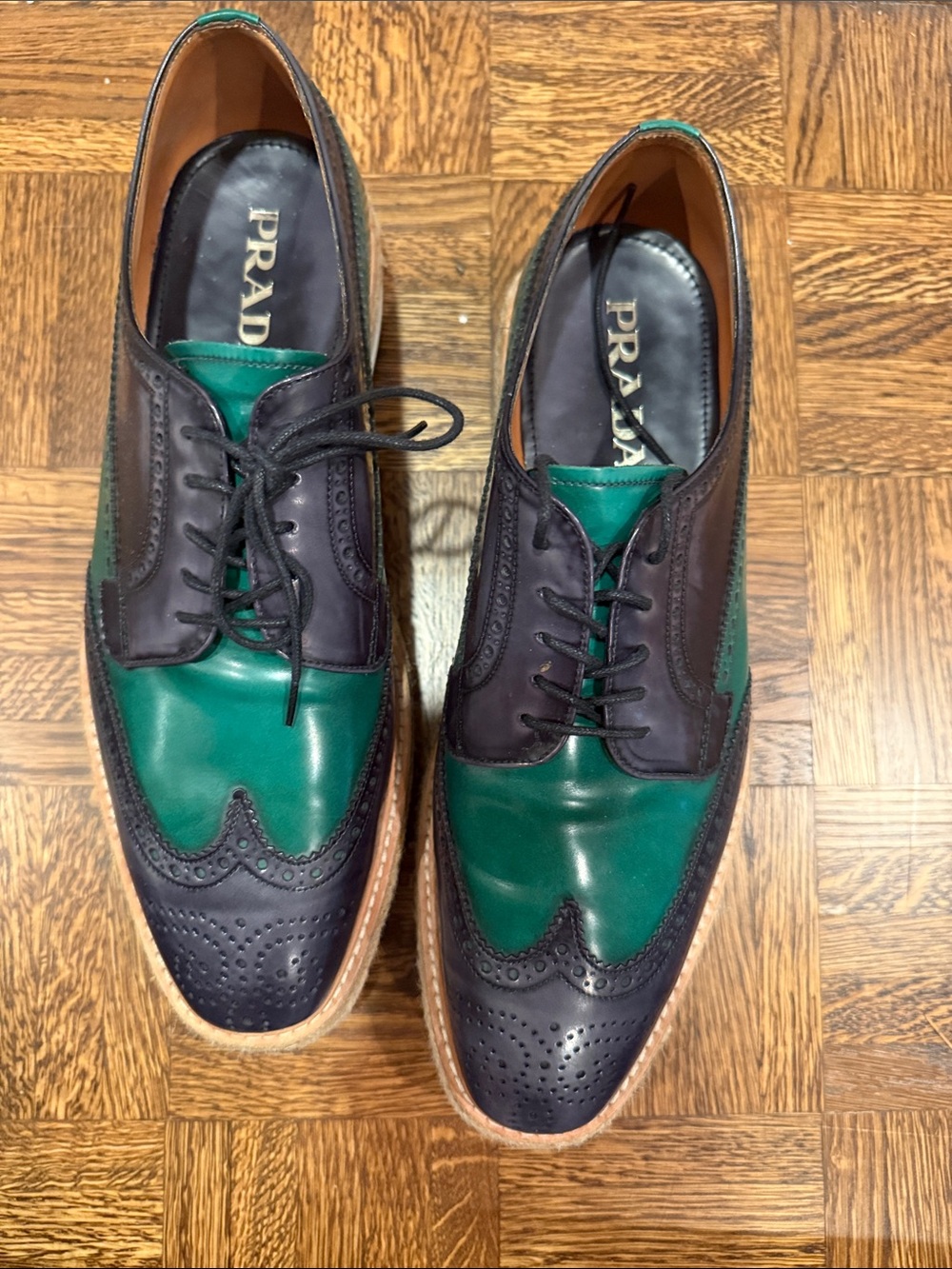 Prada Two-Tone Green and Black Leather Wingtip Oxfords